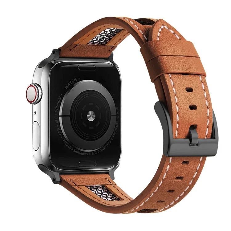 สายรัดนาฬิกาหนังลูกวัวแท้ตาข่าย สำหรับ Apple Watch Series 8 41 มม., สำหรับ Apple Watch Series 8 45 มม., สำหรับ Apple Watch SE 2022 40 มม., สำหรับ Apple Watch SE 2022 44 มม., สำหรับ Apple Watch Series 7 41 มม., สำหรับ Apple Watch Series 7 45 มม.