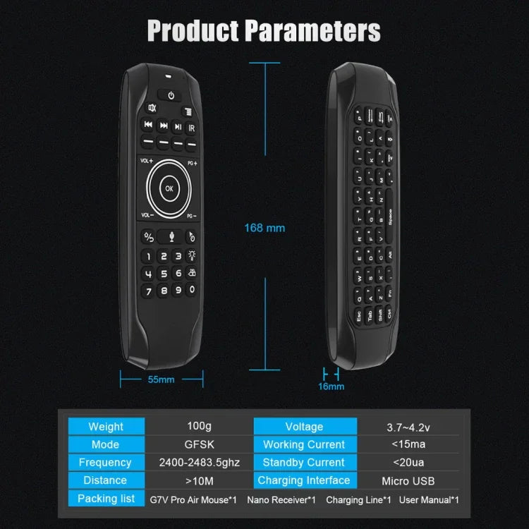 คีย์บอร์ดรีโมทไร้สาย G7V Pro 2.4GHz Fly Air Mouse พร้อมไฟ LED แบ็คไลท์ และไจโรสโคป สำหรับ Android TV Box / PC, รองรับเสียงอัจฉริยะ