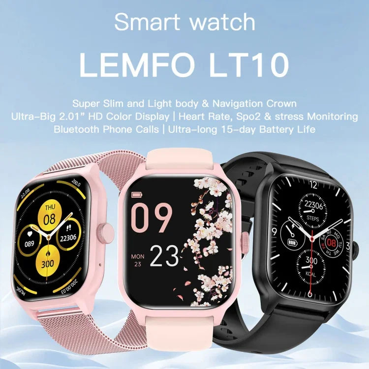 LEMFO LT10 สมาร์ทวอทช์หน้าจอ TFT 2.01 นิ้ว รองรับการโทรบลูทูธ / ตรวจสุขภาพ สายเหล็ก สายซิลิโคน