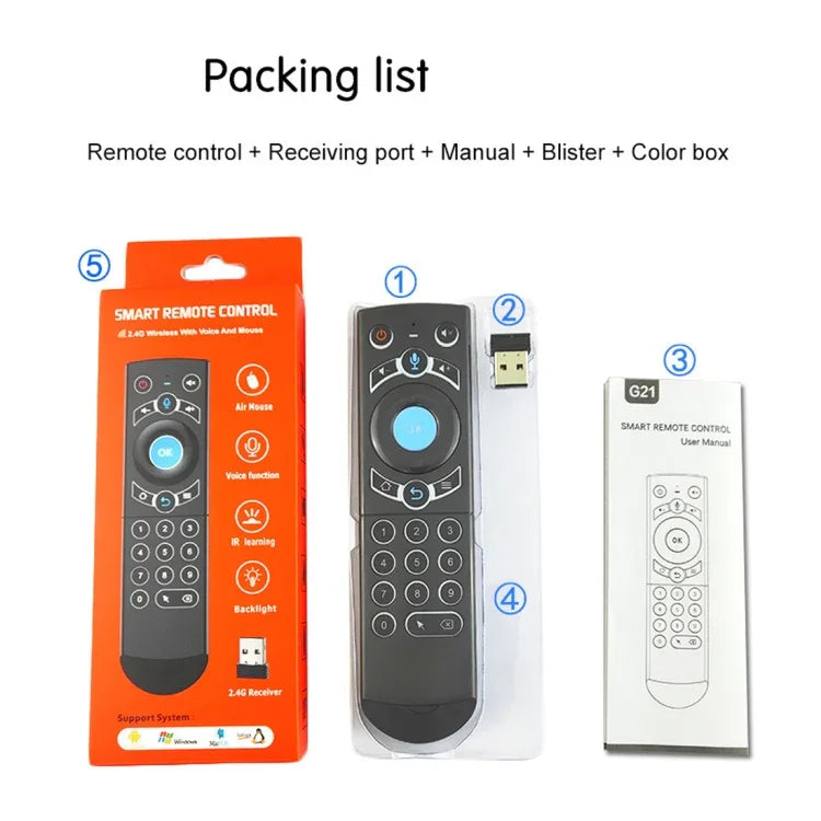คีย์บอร์ดรีโมทไร้สาย G21 2.4GHz Fly Air Mouse พร้อมไฟ LED แบ็คไลท์ และไจโรสโคป สำหรับ Android TV Box / PC, รองรับเสียงอัจฉริยะ, สีน้ำเงิน