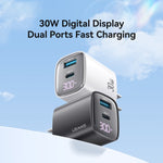 USAMS CC230 30W USB+USB-C / Type-C พอร์ตคู่ GaN ที่ชาร์จดิจิทัลแสดงผล, สเปค: ปลั๊ก US, CC230