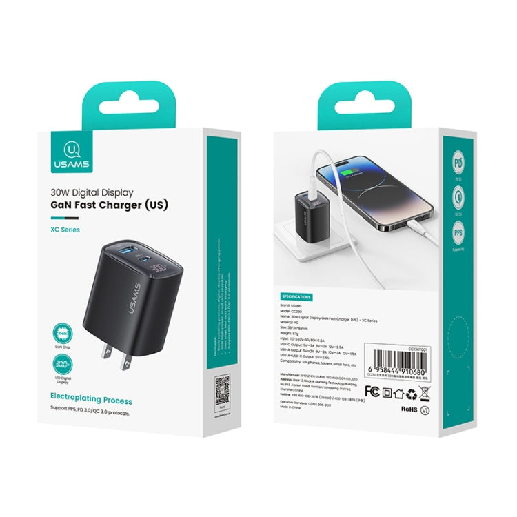 USAMS CC230 30W USB+USB-C / Type-C พอร์ตคู่ GaN ที่ชาร์จดิจิทัลแสดงผล, สเปค: ปลั๊ก US, CC230