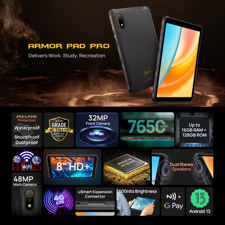 Ulefone Armor Pad Pro แท็บเล็ตพีซีแบบทนทาน ขนาด 8 นิ้ว Android 13 MediaTek MT8788 Octa Core เครือข่าย 4G ปลั๊ก EU Armor Pad Pro