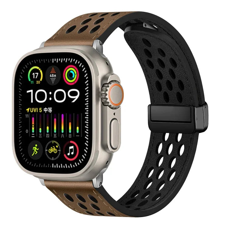 สายรัดนาฬิกาหนัง PU หัวเข็มขัดพับแบบมีรู สำหรับ Apple Watch Ultra 49 มม.