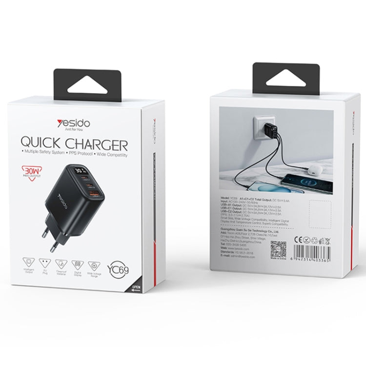 ที่ชาร์จ Yesido YC69 30W USB + USB-C คู่ / Type-C พร้อมหน้าจอดิจิทัล, สเปค: ปลั๊ก EU, YC69