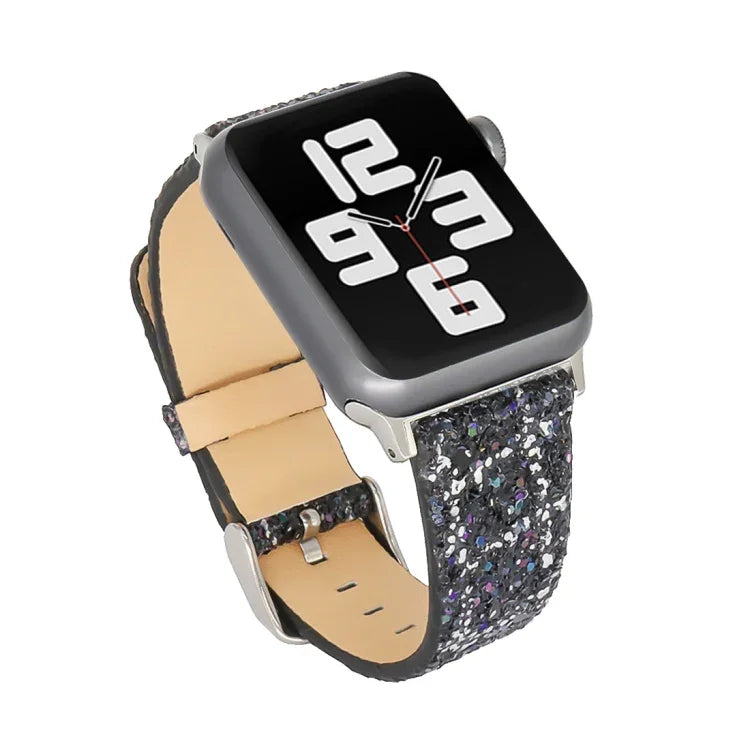 สายหนังแท้ประดับเลื่อมกลิตเตอร์ สำหรับ Apple Watch 5 & 4 44mm / 3 & 2 & 1 42mm, สำหรับ Apple Watch Series 7 41mm / 6 & SE & 5 & 4 40mm / 3 & 2 & 1 38mm, สำหรับ Apple Watch Series 8&7 41mm / SE 2&6&SE&5&4 40mm / 3&2&1 38mm
