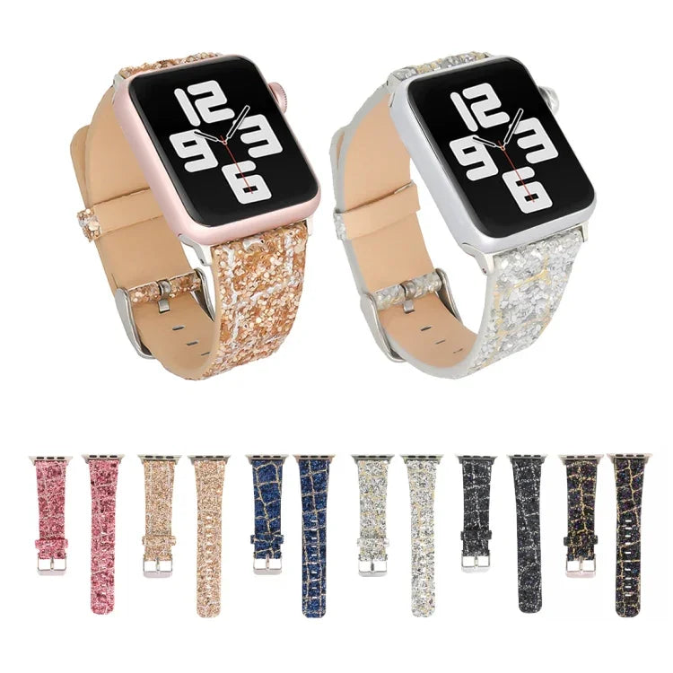 สายหนังแท้ประดับเลื่อมกลิตเตอร์ สำหรับ Apple Watch 5 & 4 44mm / 3 & 2 & 1 42mm, สำหรับ Apple Watch Series 7 41mm / 6 & SE & 5 & 4 40mm / 3 & 2 & 1 38mm, สำหรับ Apple Watch Series 8&7 41mm / SE 2&6&SE&5&4 40mm / 3&2&1 38mm