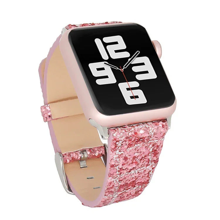 สายหนังแท้ประดับเลื่อมกลิตเตอร์ สำหรับ Apple Watch 5 & 4 44mm / 3 & 2 & 1 42mm, สำหรับ Apple Watch Series 7 41mm / 6 & SE & 5 & 4 40mm / 3 & 2 & 1 38mm, สำหรับ Apple Watch Series 8&7 41mm / SE 2&6&SE&5&4 40mm / 3&2&1 38mm