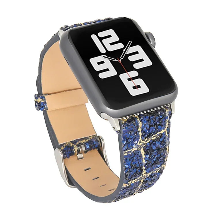 สายหนังแท้ประดับเลื่อมกลิตเตอร์ สำหรับ Apple Watch 5 & 4 44mm / 3 & 2 & 1 42mm, สำหรับ Apple Watch Series 7 41mm / 6 & SE & 5 & 4 40mm / 3 & 2 & 1 38mm, สำหรับ Apple Watch Series 8&7 41mm / SE 2&6&SE&5&4 40mm / 3&2&1 38mm