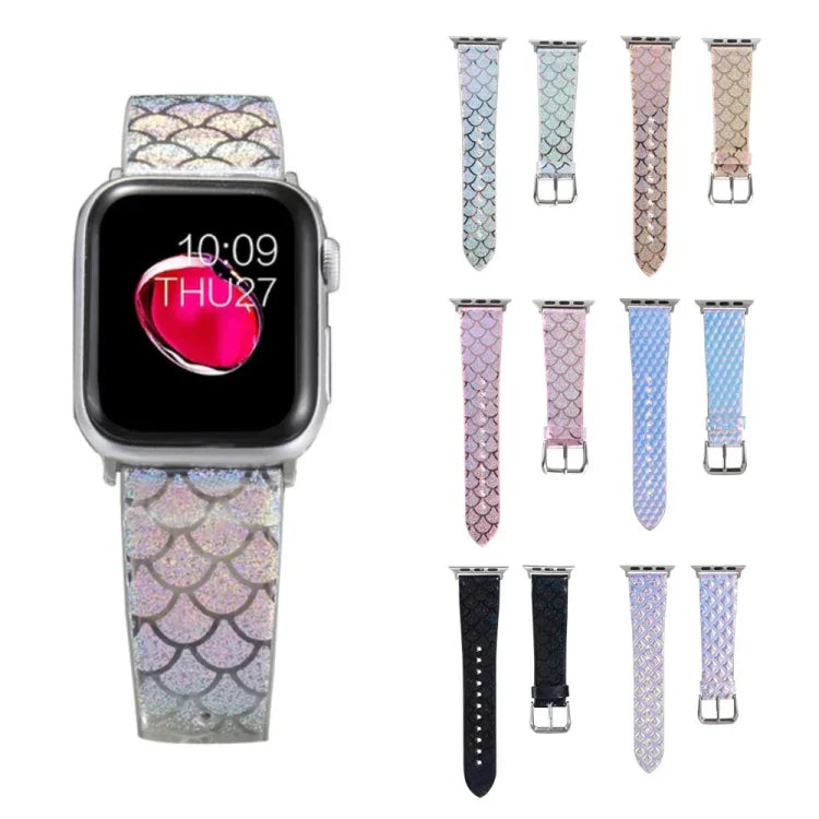 สายเปลี่ยนลายเกล็ดปลากลิตเตอร์เปลี่ยนสีได้ สำหรับ Apple Watch 5 & 4 ขนาด 40 มม. / 3 & 2 & 1 ขนาด 38 มม., สำหรับ Apple Watch 5 & 4 ขนาด 44 มม. / 3 & 2 & 1 ขนาด 42 มม.