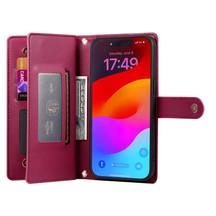 กระเป๋าสตางค์หนังพร้อมซิปและช่องใส่บัตร 9 ช่อง สำหรับ iPhone 17 Pro Max, สำหรับ iPhone 17 Pro, สำหรับ iPhone 17, สำหรับ iPhone Air, สำหรับ iPhone 16e, สำหรับ iPhone 16 Pro Max, สำหรับ iPhone 16 Pro, สำหรับ iPhone 16 Plus