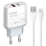 LDNIO Q229 QC3.0 / PD20W USB + Type-C ชาร์จเร็ว พร้อมสาย USB เป็น 8 พิน 1 เมตร, ปลั๊ก EU, ปลั๊ก UK, ปลั๊ก US