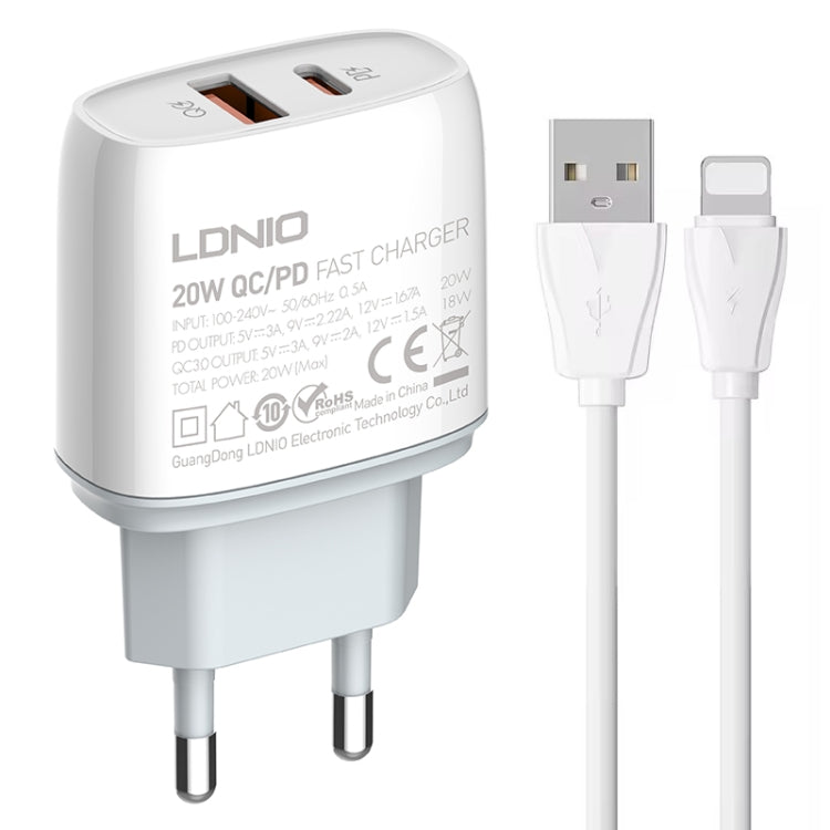 LDNIO Q229 QC3.0 / PD20W USB + Type-C ชาร์จเร็ว พร้อมสาย USB เป็น 8 พิน 1 เมตร, ปลั๊ก EU, ปลั๊ก UK, ปลั๊ก US