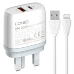LDNIO Q229 QC3.0 / PD20W USB + Type-C ชาร์จเร็ว พร้อมสาย USB เป็น 8 พิน 1 เมตร, ปลั๊ก EU, ปลั๊ก UK, ปลั๊ก US