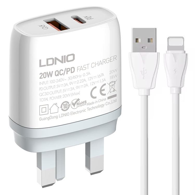 LDNIO Q229 QC3.0 / PD20W USB + Type-C ชาร์จเร็ว พร้อมสาย USB เป็น 8 พิน 1 เมตร, ปลั๊ก EU, ปลั๊ก UK, ปลั๊ก US