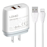 LDNIO Q229 QC3.0 / PD20W USB + Type-C ชาร์จเร็ว พร้อมสาย USB เป็น 8 พิน 1 เมตร, ปลั๊ก EU, ปลั๊ก UK, ปลั๊ก US