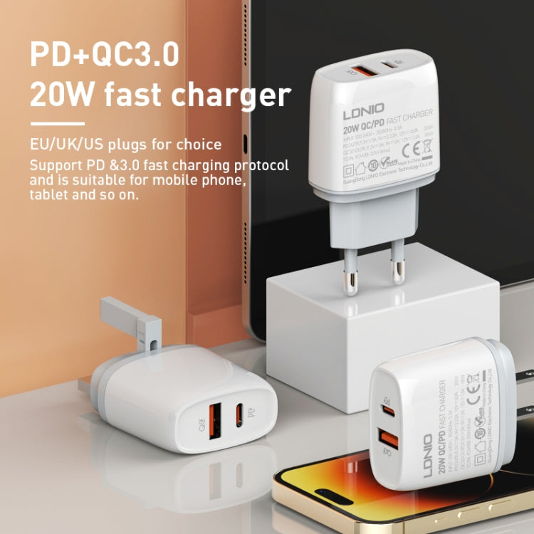 LDNIO Q229 QC3.0 / PD20W USB + Type-C ชาร์จเร็ว พร้อมสาย USB เป็น 8 พิน 1 เมตร, ปลั๊ก EU, ปลั๊ก UK, ปลั๊ก US