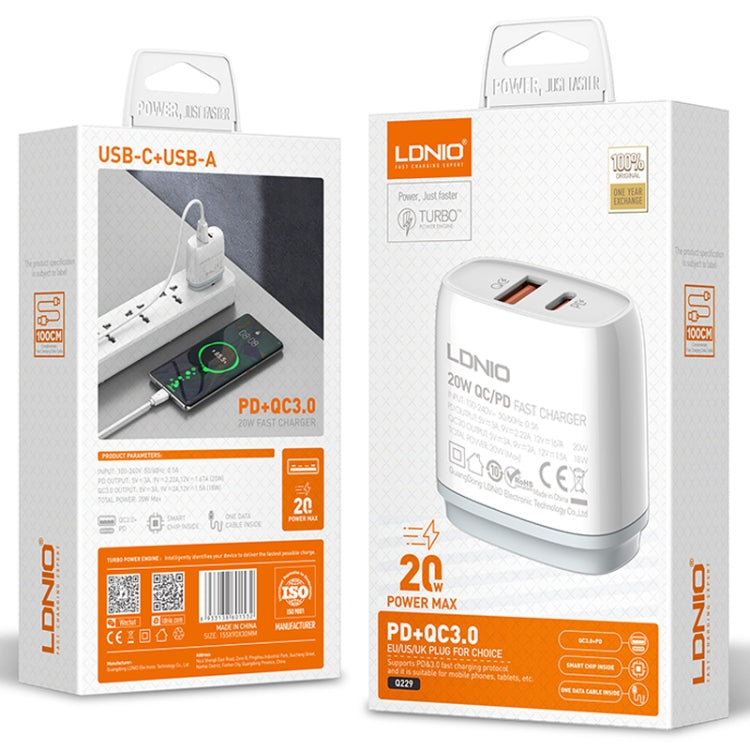 LDNIO Q229 QC3.0 / PD20W USB + Type-C ชาร์จเร็ว พร้อมสาย USB เป็น 8 พิน 1 เมตร, ปลั๊ก EU, ปลั๊ก UK, ปลั๊ก US