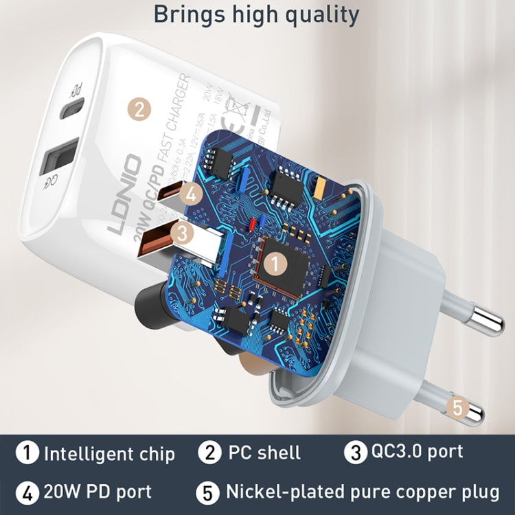 LDNIO Q229 QC3.0 / PD20W USB + Type-C ชาร์จเร็ว พร้อมสาย USB เป็น 8 พิน 1 เมตร, ปลั๊ก EU, ปลั๊ก UK, ปลั๊ก US