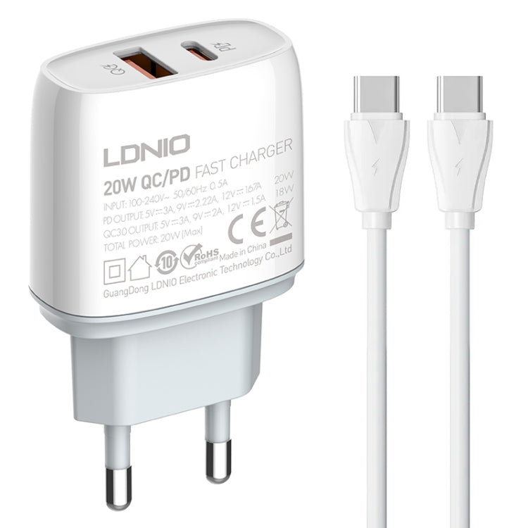 ที่ชาร์จเร็ว LDNIO Q229 QC3.0 / PD20W USB + Type-C พร้อมสาย Type-C to Type-C ยาว 1 ม., ปลั๊ก EU, ปลั๊ก UK, ปลั๊ก US