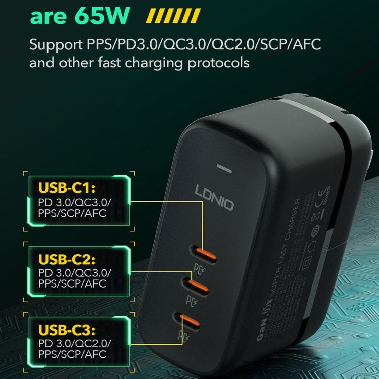 LDNIO Q367 65W GaN ที่ชาร์จ 3 พอร์ต USB-C / Type-C พร้อมสาย USB-C / Type-C เป็น USB-C / Type-C 1 เมตร, ปลั๊ก EU, ปลั๊ก UK, ปลั๊ก US