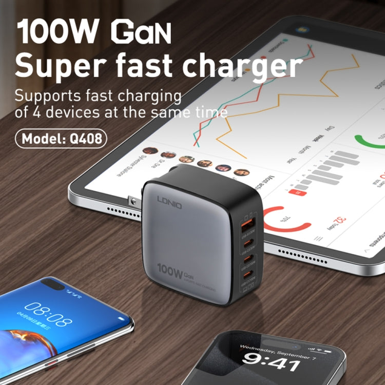 ที่ชาร์จ LDNIO Q408 100W GaN USB+3 USB-C / Type-C พร้อมสายข้อมูล 1 เมตร 100W USB-C / Type-C ถึง USB-C / Type-C ปลั๊ก EU, ปลั๊ก UK, ปลั๊ก US