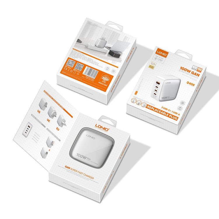 ที่ชาร์จ LDNIO Q408 100W GaN USB+3 USB-C / Type-C พร้อมสายข้อมูล 1 เมตร 100W USB-C / Type-C ถึง USB-C / Type-C ปลั๊ก EU, ปลั๊ก UK, ปลั๊ก US