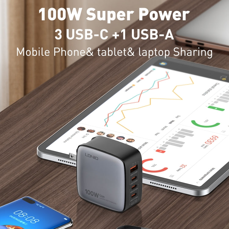 ที่ชาร์จ LDNIO Q408 100W GaN USB+3 USB-C / Type-C พร้อมสายข้อมูล 1 เมตร 100W USB-C / Type-C ถึง USB-C / Type-C ปลั๊ก EU, ปลั๊ก UK, ปลั๊ก US