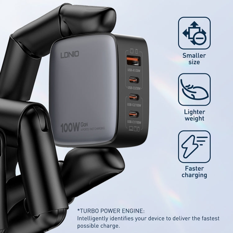 ที่ชาร์จ LDNIO Q408 100W GaN USB+3 USB-C / Type-C พร้อมสายข้อมูล 1 เมตร 100W USB-C / Type-C ถึง USB-C / Type-C ปลั๊ก EU, ปลั๊ก UK, ปลั๊ก US