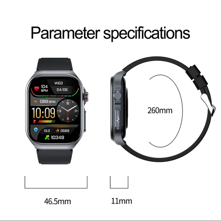 ET585 นาฬิกาอัจฉริยะหน้าจอ 2.04 นิ้ว สายสแตนเลส กันน้ำมาตรฐาน IP68 รองรับการตรวจคลื่นไฟฟ้าหัวใจ (ECG) / การวัดองค์ประกอบเลือด