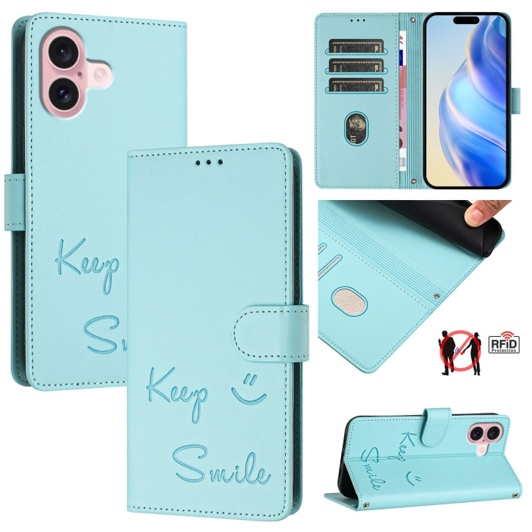 เคสหนังโทรศัพท์แบบปั๊มลายยิ้มพร้อม RFID สำหรับ iPhone 16, iPhone 15 Pro Max, iPhone 15 Pro, iPhone 15 Plus, iPhone 15, iPhone 14 Plus, iPhone 14 / 13, iPhone 14 Pro