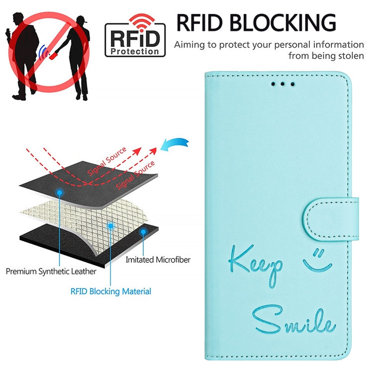เคสหนังโทรศัพท์แบบปั๊มลายยิ้มพร้อม RFID สำหรับ iPhone 16, iPhone 15 Pro Max, iPhone 15 Pro, iPhone 15 Plus, iPhone 15, iPhone 14 Plus, iPhone 14 / 13, iPhone 14 Pro