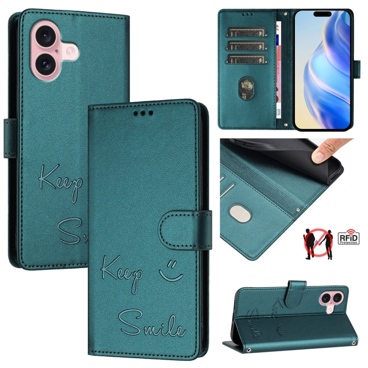 เคสหนังโทรศัพท์แบบปั๊มลายยิ้มพร้อม RFID สำหรับ iPhone 16, iPhone 15 Pro Max, iPhone 15 Pro, iPhone 15 Plus, iPhone 15, iPhone 14 Plus, iPhone 14 / 13, iPhone 14 Pro
