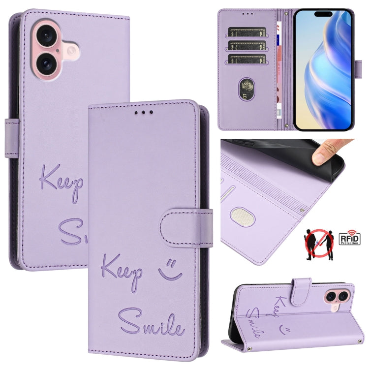 เคสหนังโทรศัพท์แบบปั๊มลายยิ้มพร้อม RFID สำหรับ iPhone 16, iPhone 15 Pro Max, iPhone 15 Pro, iPhone 15 Plus, iPhone 15, iPhone 14 Plus, iPhone 14 / 13, iPhone 14 Pro