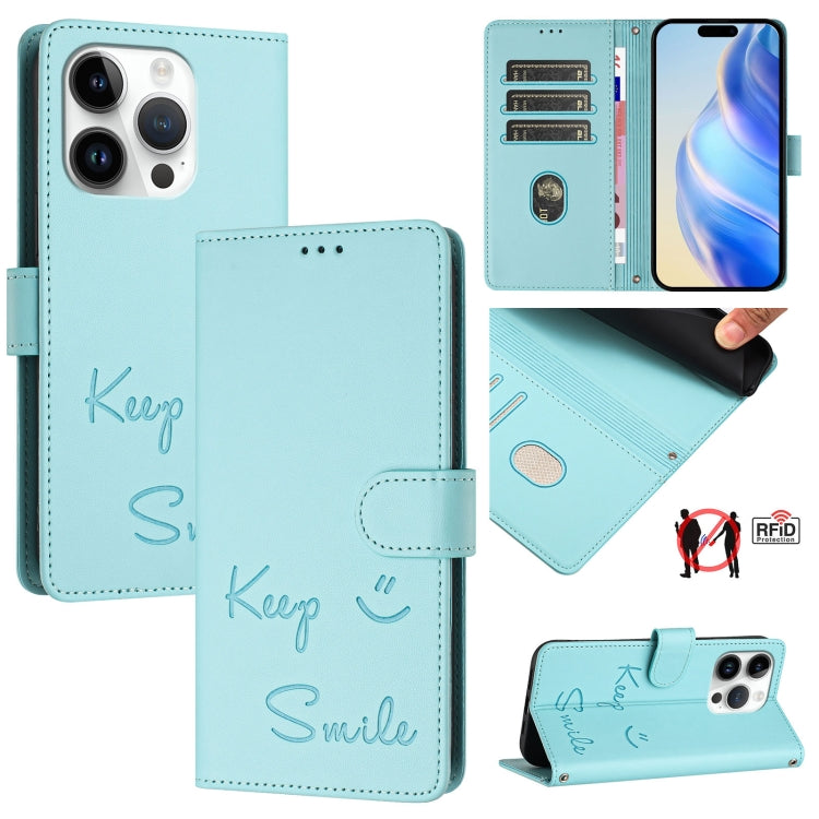 เคสหนังโทรศัพท์แบบปั๊มลายยิ้มพร้อม RFID สำหรับ iPhone 16, iPhone 15 Pro Max, iPhone 15 Pro, iPhone 15 Plus, iPhone 15, iPhone 14 Plus, iPhone 14 / 13, iPhone 14 Pro