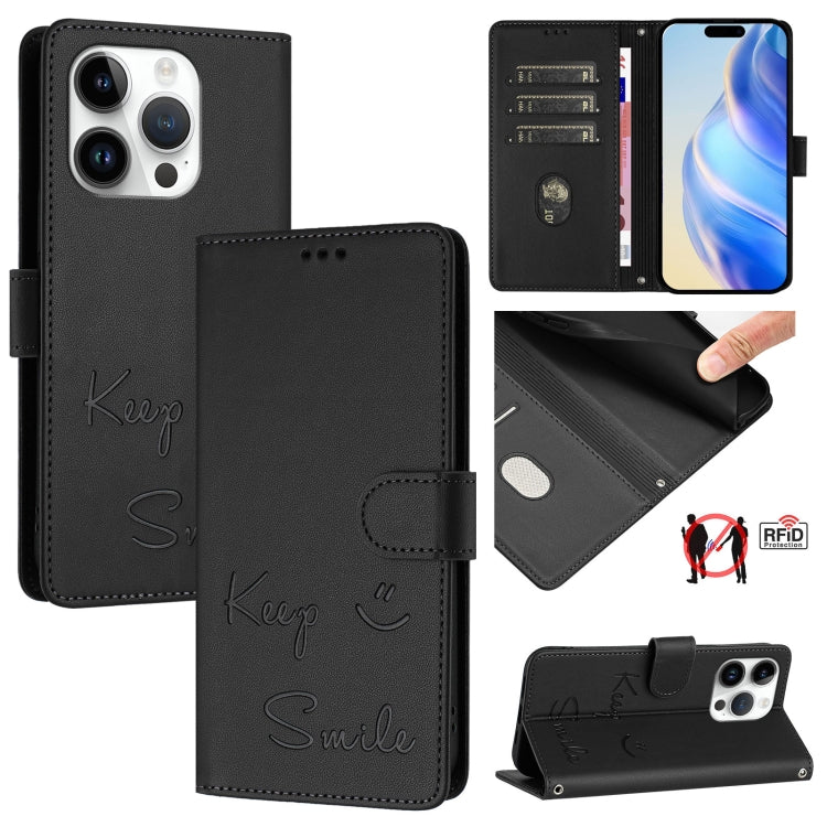 เคสหนังโทรศัพท์แบบปั๊มลายยิ้มพร้อม RFID สำหรับ iPhone 16, iPhone 15 Pro Max, iPhone 15 Pro, iPhone 15 Plus, iPhone 15, iPhone 14 Plus, iPhone 14 / 13, iPhone 14 Pro
