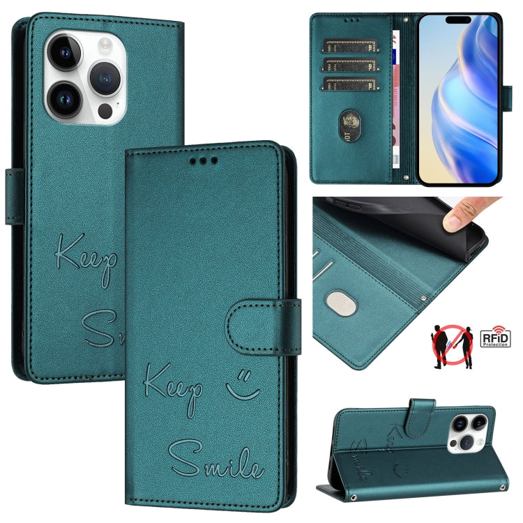เคสหนังโทรศัพท์แบบปั๊มลายยิ้มพร้อม RFID สำหรับ iPhone 16, iPhone 15 Pro Max, iPhone 15 Pro, iPhone 15 Plus, iPhone 15, iPhone 14 Plus, iPhone 14 / 13, iPhone 14 Pro