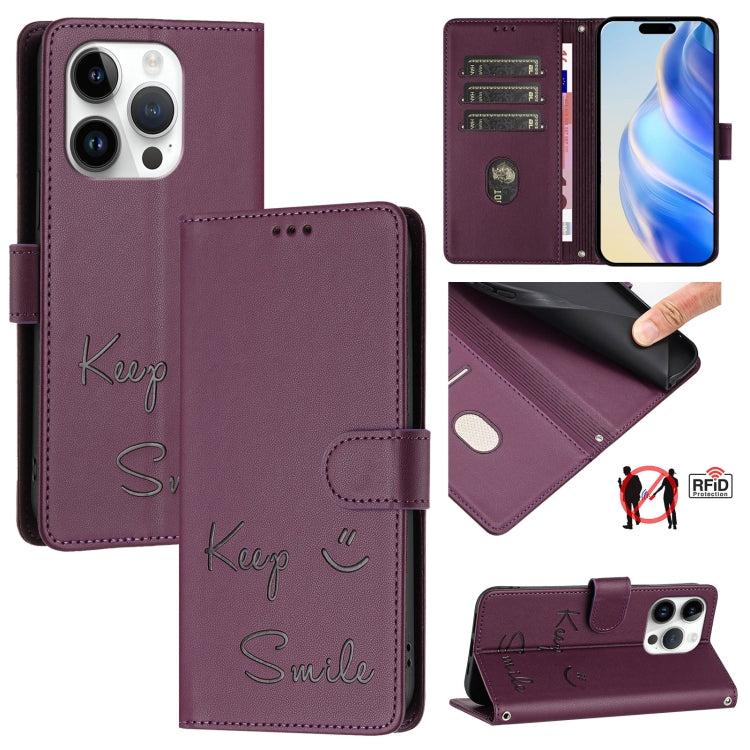 เคสหนังโทรศัพท์แบบปั๊มลายยิ้มพร้อม RFID สำหรับ iPhone 16, iPhone 15 Pro Max, iPhone 15 Pro, iPhone 15 Plus, iPhone 15, iPhone 14 Plus, iPhone 14 / 13, iPhone 14 Pro