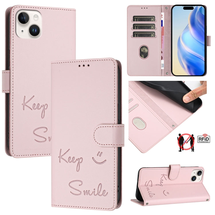 เคสหนังโทรศัพท์แบบปั๊มลายยิ้มพร้อม RFID สำหรับ iPhone 16, iPhone 15 Pro Max, iPhone 15 Pro, iPhone 15 Plus, iPhone 15, iPhone 14 Plus, iPhone 14 / 13, iPhone 14 Pro