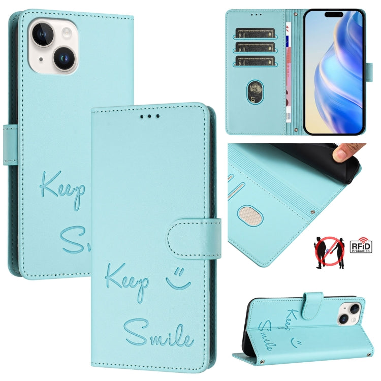เคสหนังโทรศัพท์แบบปั๊มลายยิ้มพร้อม RFID สำหรับ iPhone 16, iPhone 15 Pro Max, iPhone 15 Pro, iPhone 15 Plus, iPhone 15, iPhone 14 Plus, iPhone 14 / 13, iPhone 14 Pro