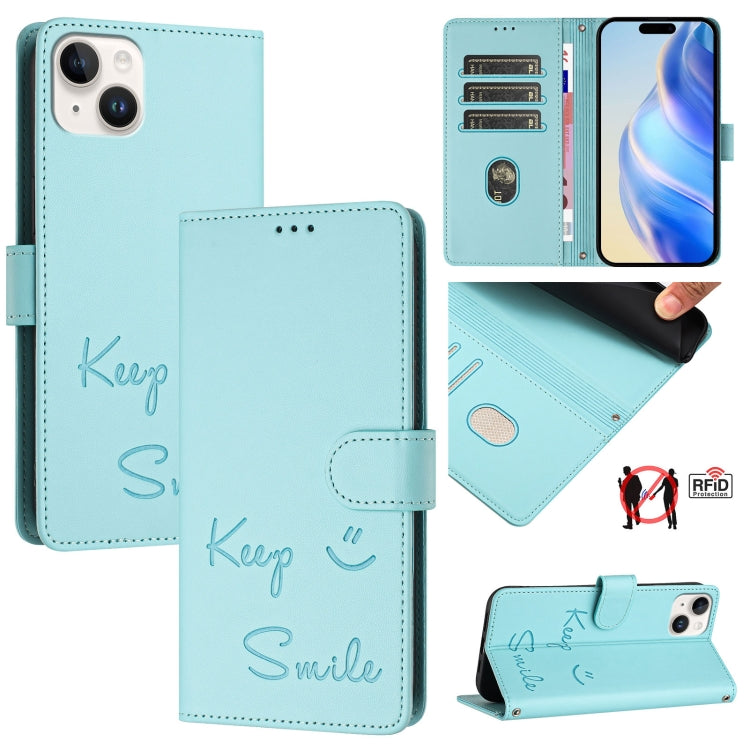 เคสหนังโทรศัพท์แบบปั๊มลายยิ้มพร้อม RFID สำหรับ iPhone 16, iPhone 15 Pro Max, iPhone 15 Pro, iPhone 15 Plus, iPhone 15, iPhone 14 Plus, iPhone 14 / 13, iPhone 14 Pro