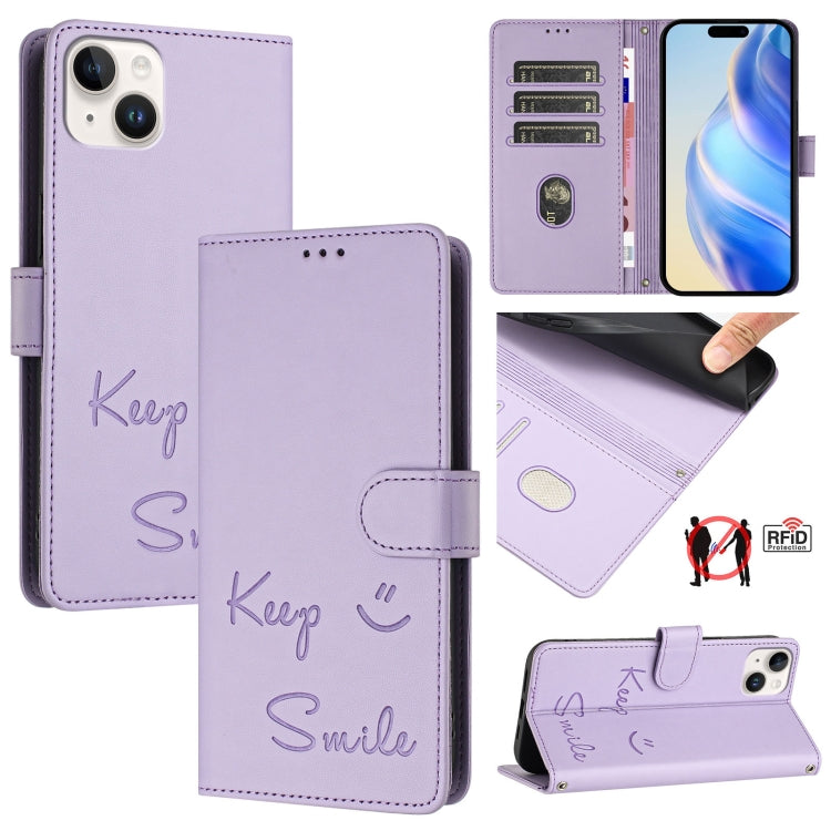 เคสหนังโทรศัพท์แบบปั๊มลายยิ้มพร้อม RFID สำหรับ iPhone 16, iPhone 15 Pro Max, iPhone 15 Pro, iPhone 15 Plus, iPhone 15, iPhone 14 Plus, iPhone 14 / 13, iPhone 14 Pro