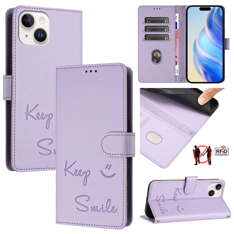 เคสหนังโทรศัพท์แบบปั๊มลายยิ้มพร้อม RFID สำหรับ iPhone 16, iPhone 15 Pro Max, iPhone 15 Pro, iPhone 15 Plus, iPhone 15, iPhone 14 Plus, iPhone 14 / 13, iPhone 14 Pro
