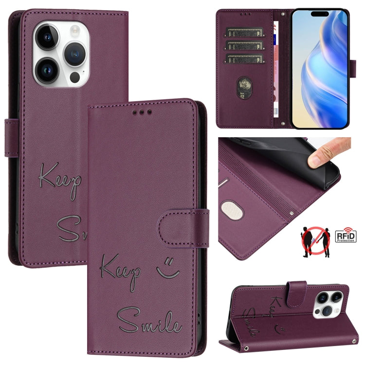 เคสหนังโทรศัพท์แบบปั๊มลายยิ้มพร้อม RFID สำหรับ iPhone 16, iPhone 15 Pro Max, iPhone 15 Pro, iPhone 15 Plus, iPhone 15, iPhone 14 Plus, iPhone 14 / 13, iPhone 14 Pro