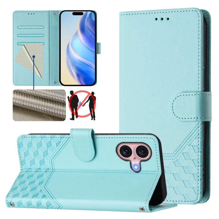 เคสโทรศัพท์หนังปั๊มลายรังผึ้งพร้อม RFID สำหรับ iPhone 17e / 16e, สำหรับ iPhone 17 Pro Max, สำหรับ iPhone 17 Pro, สำหรับ iPhone 17, สำหรับ iPhone Air, สำหรับ iPhone 16 Pro Max, สำหรับ iPhone 16 Pro, สำหรับ iPhone 16 Plus