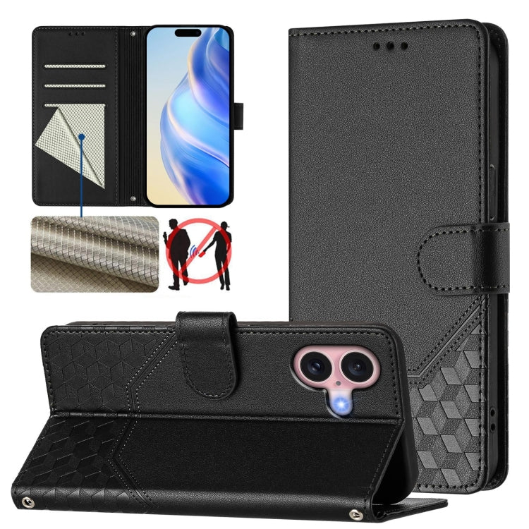 เคสโทรศัพท์หนังปั๊มลายรังผึ้งพร้อม RFID สำหรับ iPhone 17e / 16e, สำหรับ iPhone 17 Pro Max, สำหรับ iPhone 17 Pro, สำหรับ iPhone 17, สำหรับ iPhone Air, สำหรับ iPhone 16 Pro Max, สำหรับ iPhone 16 Pro, สำหรับ iPhone 16 Plus