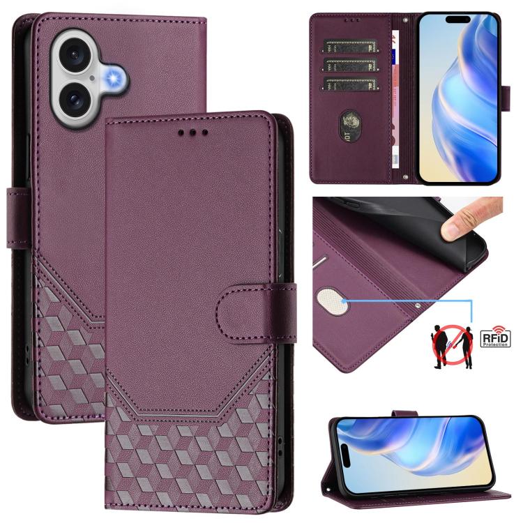 เคสโทรศัพท์หนังปั๊มลายรังผึ้งพร้อม RFID สำหรับ iPhone 17e / 16e, สำหรับ iPhone 17 Pro Max, สำหรับ iPhone 17 Pro, สำหรับ iPhone 17, สำหรับ iPhone Air, สำหรับ iPhone 16 Pro Max, สำหรับ iPhone 16 Pro, สำหรับ iPhone 16 Plus