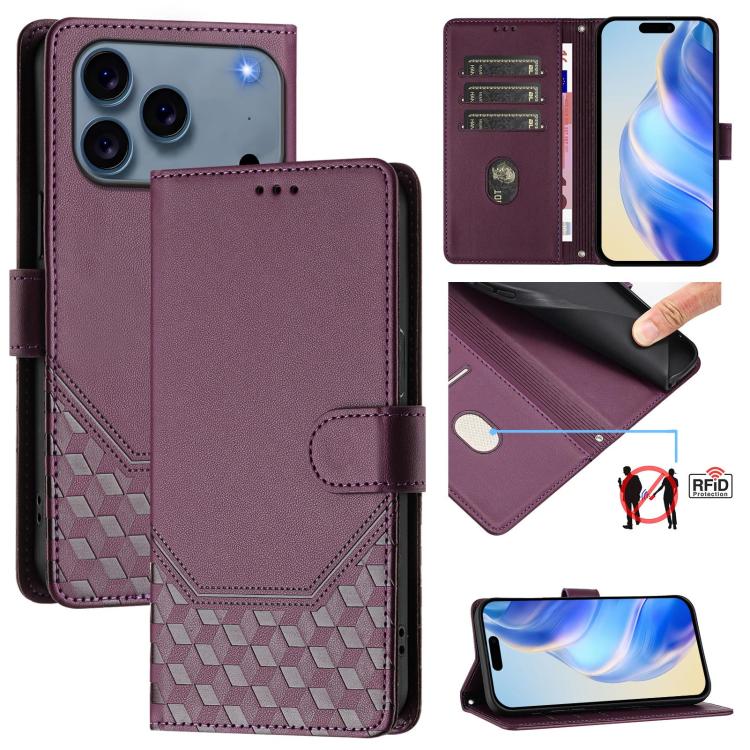 เคสโทรศัพท์หนังปั๊มลายรังผึ้งพร้อม RFID สำหรับ iPhone 17e / 16e, สำหรับ iPhone 17 Pro Max, สำหรับ iPhone 17 Pro, สำหรับ iPhone 17, สำหรับ iPhone Air, สำหรับ iPhone 16 Pro Max, สำหรับ iPhone 16 Pro, สำหรับ iPhone 16 Plus