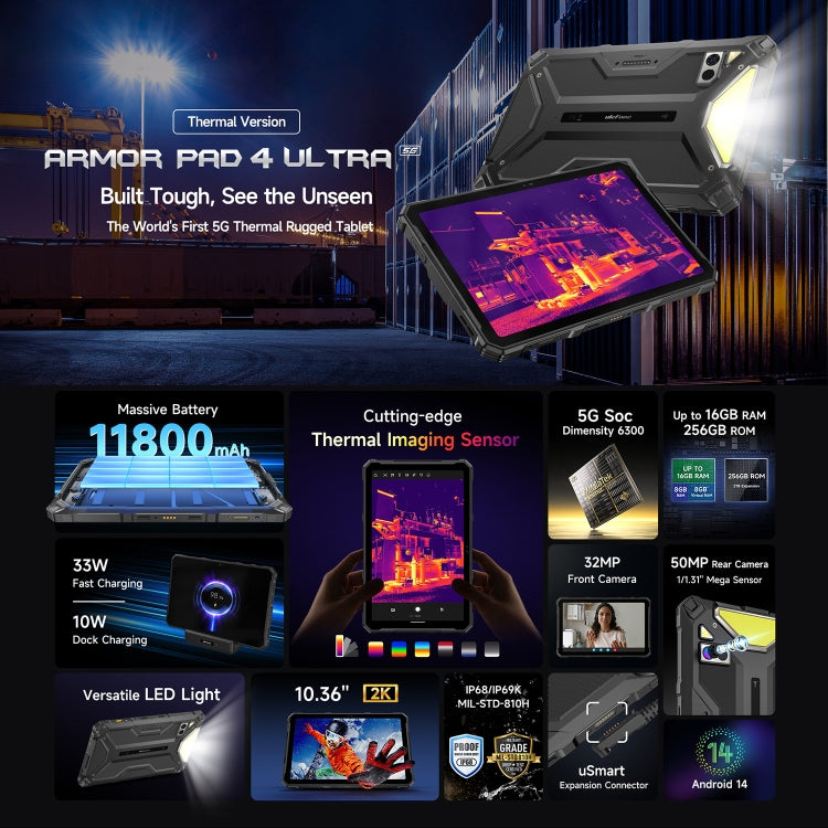 Ulefone Armor Pad 4 Ultra รุ่นถ่ายภาพความร้อน แท็บเล็ตแบบทนทาน ขนาด 10.36 นิ้ว Android 14 MediaTek Dimensity 6300 Octa Core เครือข่าย 5G ปลั๊ก EU Armor Pad 4 Ultra Thermal Imaging