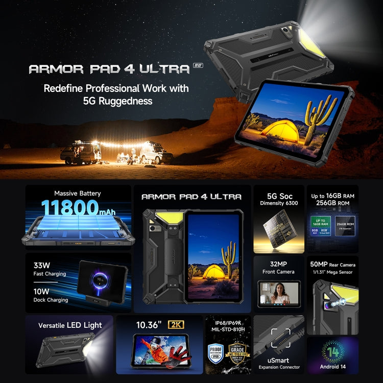 Ulefone Armor Pad 4 Ultra แท็บเล็ตพีซีแบบทนทานพิเศษ ขนาด 10.36 นิ้ว Android 14 MediaTek Dimensity 6300 Octa Core เครือข่าย 5G ปลั๊ก EU Armor Pad 4 Ultra